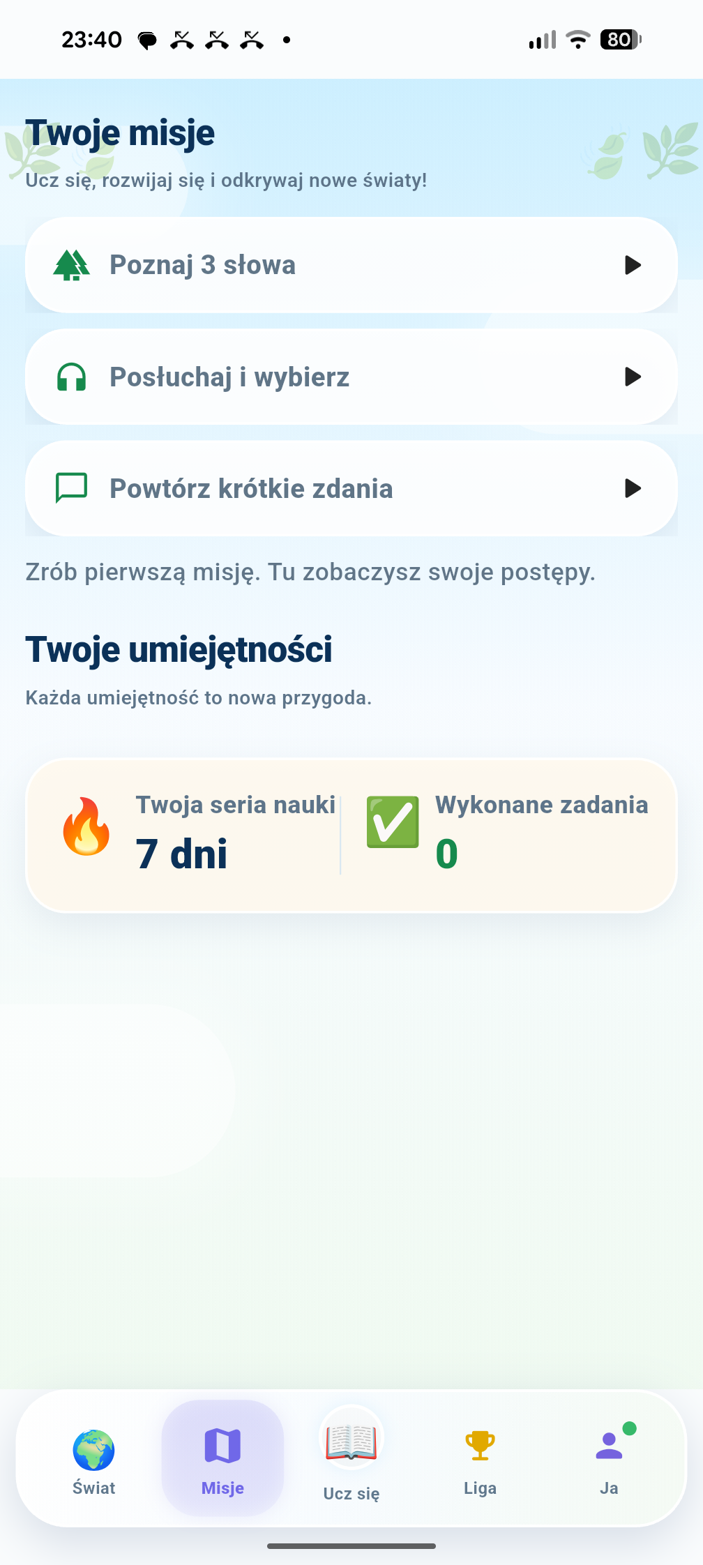 Aplikacja językowa — misje dzienne i seria nauki