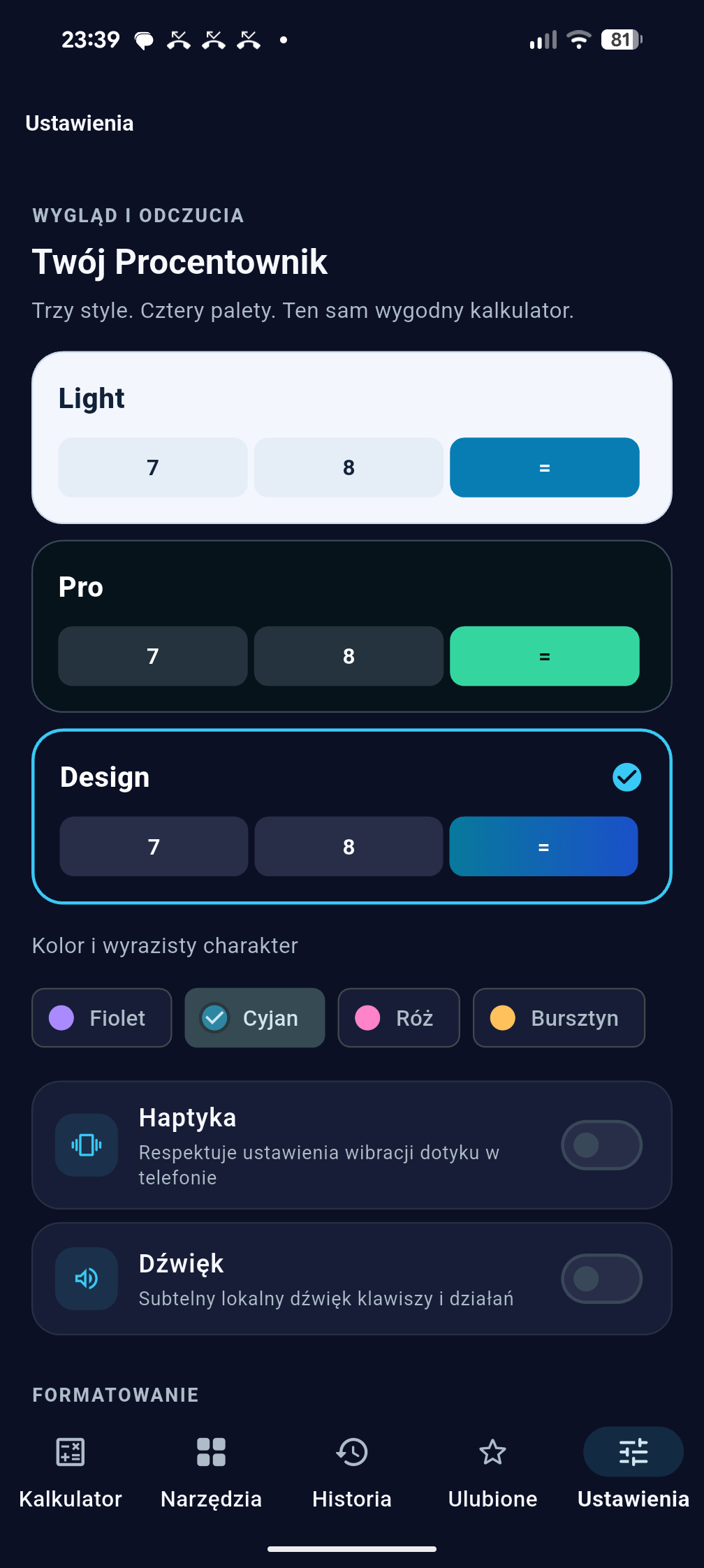 Procentownik — ustawienia wyglądu: style Light, Pro, Design i cztery palety kolorów